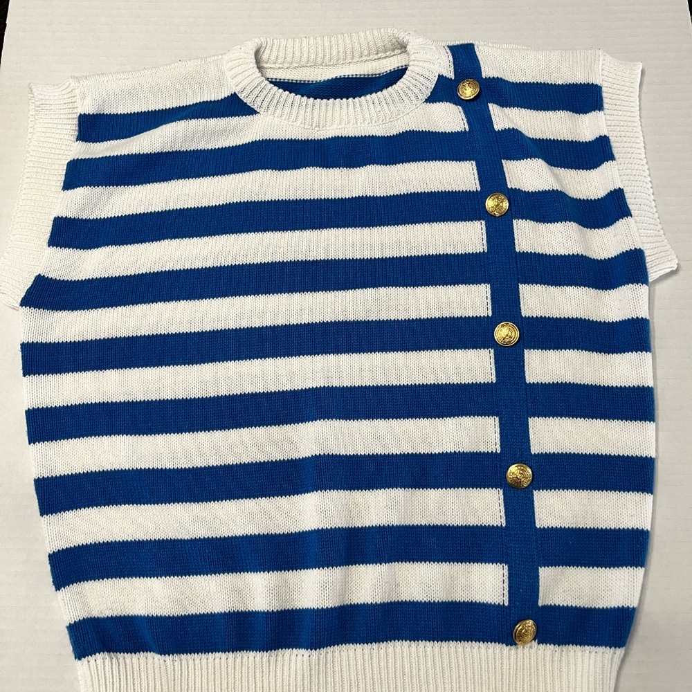 Blue and White Striped Cap Sleeve Sweater with Crew Neck